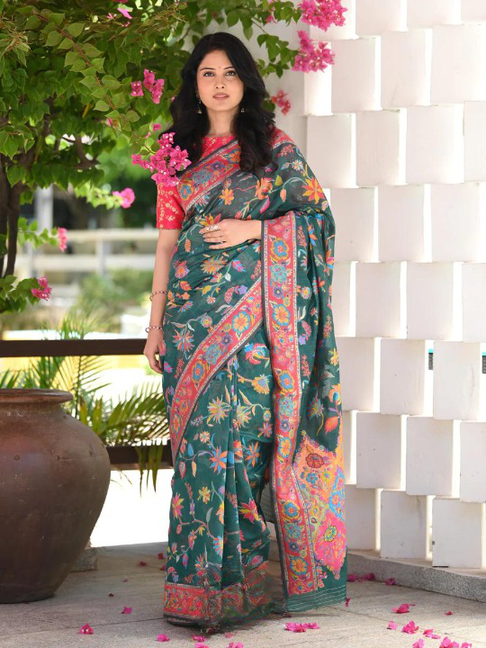 Printed Banarasi Silk Saree with Heavy Zari Brocade Green