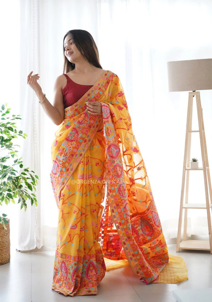 Banarasi Silk Saree Printed– Rich Fabric, Royal Look Yellow Saree