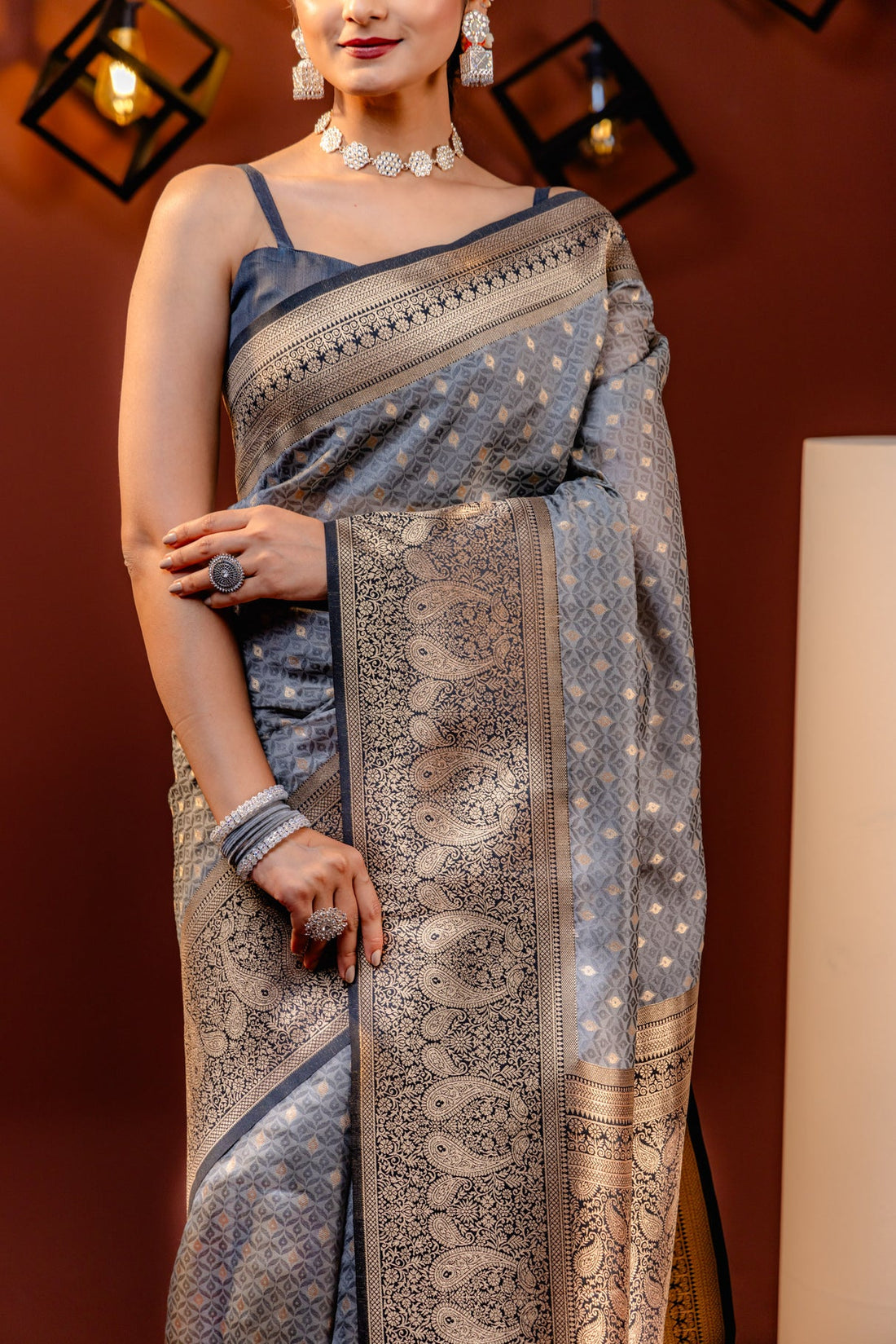Traditional Grey Soft Silk Saree with Ethnic Blouse Piece