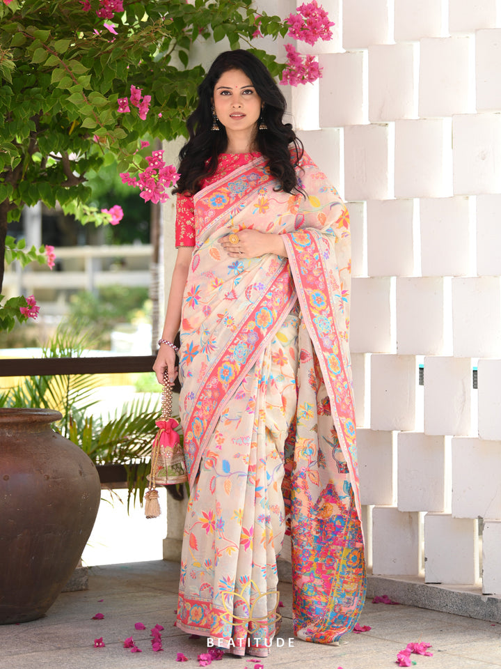 Printed Banarasi Silk Saree with Heavy Zari Brocade White