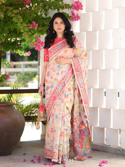 Printed Banarasi Silk Saree with Heavy Zari Brocade White