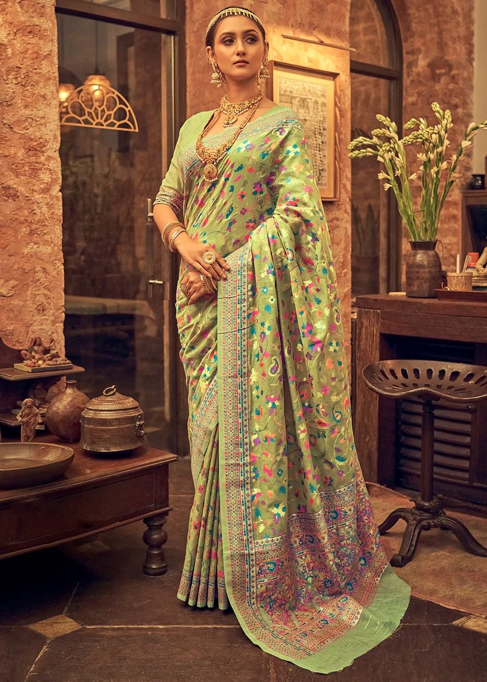 Pure Silk Banarasi Saree with Exquisite Zari Weaving Pista Green