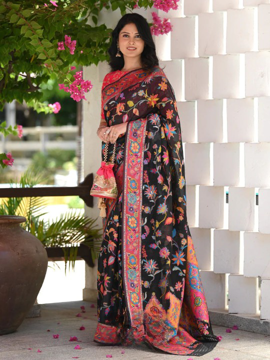Printed Banarasi Silk Saree with Heavy Zari Brocade Black