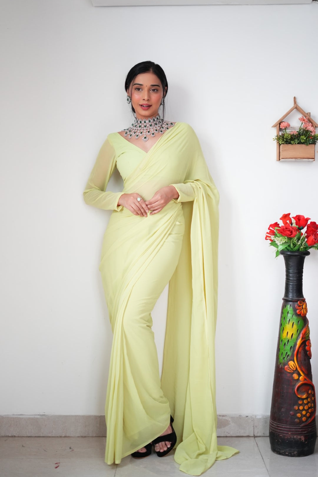 Gorgeous 1 Minute Ready to Wear Pista Green Georgette Saree