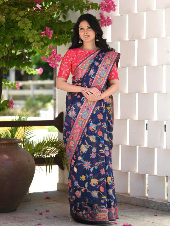 Printed Banarasi Silk Saree with Heavy Zari Brocade Navy Blue