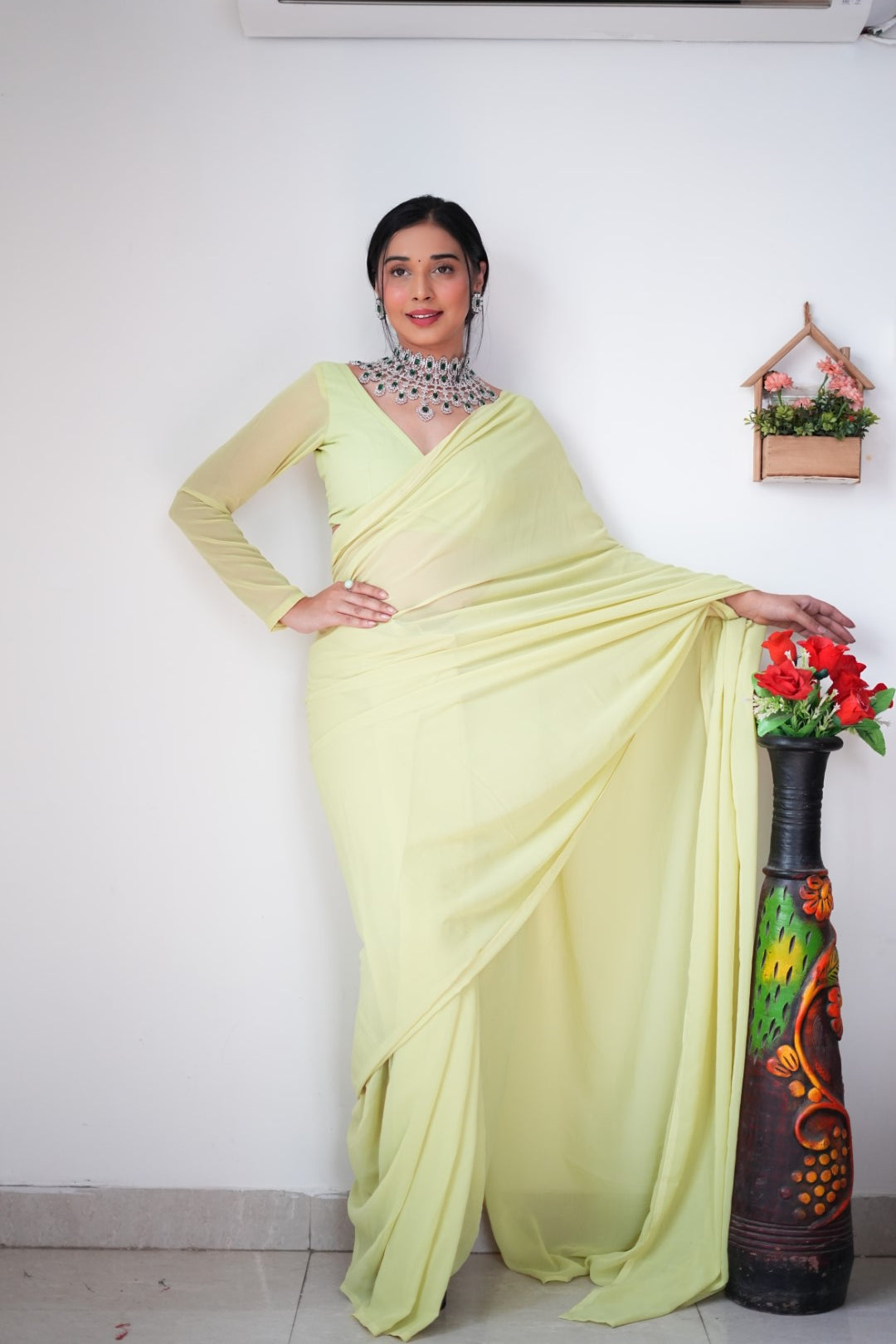Gorgeous 1 Minute Ready to Wear Pista Green Georgette Saree