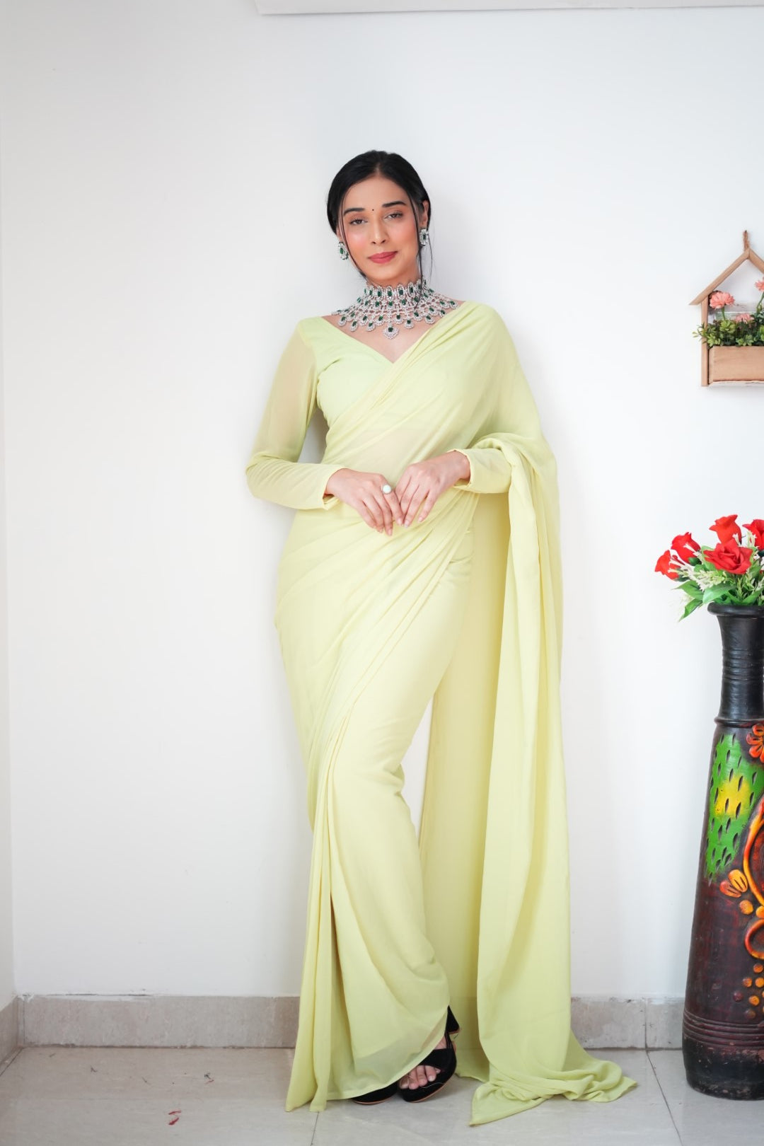 Gorgeous 1 Minute Ready to Wear Pista Green Georgette Saree