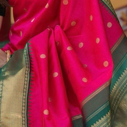 Vintage Turquoise Pink Soft Silk Saree with Ethnic Blouse Piece