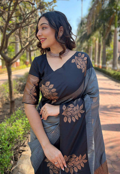 Stunning Grey Lichi Silk Saree with Blouse Peace