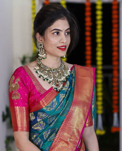 Traditional Rama Soft Silk Saree With Angelic Blouse Piece