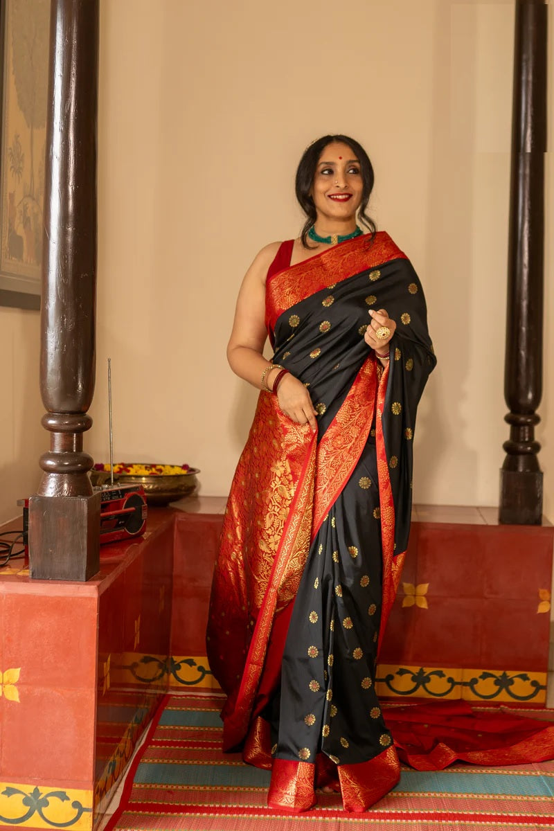 Stylist Red and Black Soft Silk Saree with Ethnic Blouse Piece
