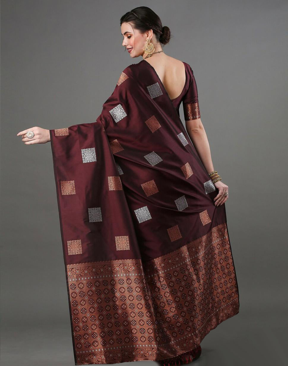 Ethnic Banarasi Saree – Handwoven Soft Silk Fabric Wine Saree