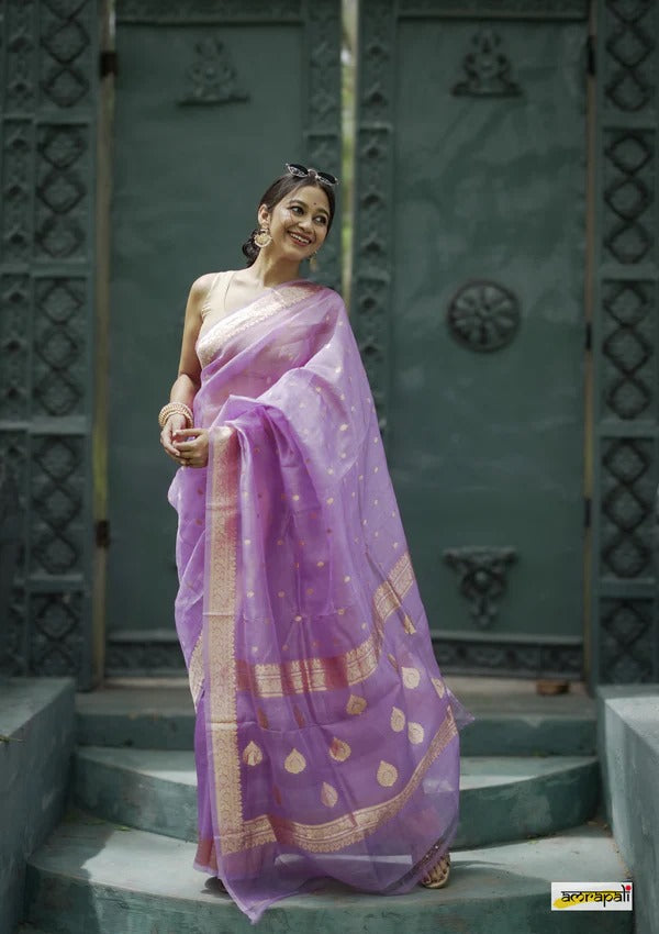 Elegant Banarasi Silk Saree with Gold Zari Embellishments Light Purple