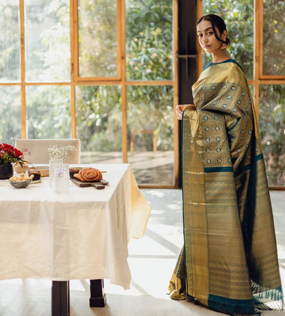 Luxurious Rama and Golden Soft Silk Saree With Angelic Blouse Piece
