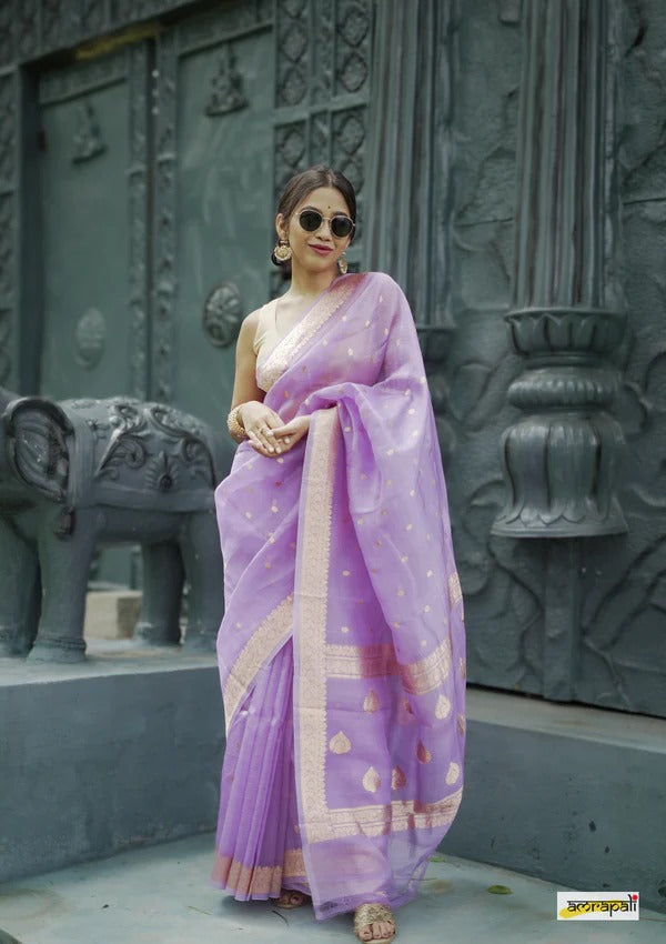 Elegant Banarasi Silk Saree with Gold Zari Embellishments Light Purple