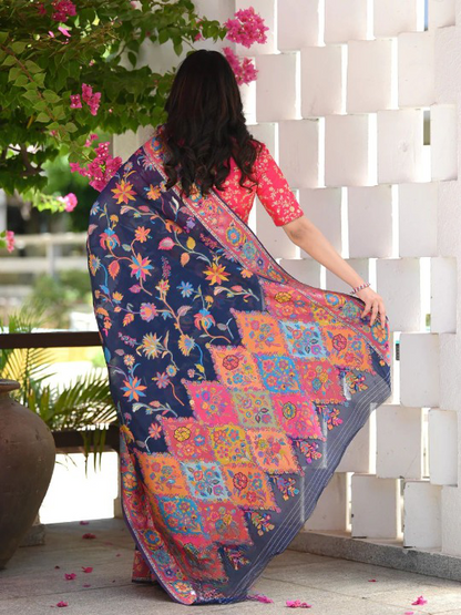 Printed Banarasi Silk Saree with Heavy Zari Brocade Navy Blue