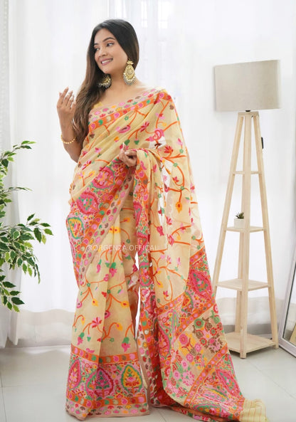 Banarasi Silk Saree Printed– Rich Fabric, Royal Look Light Yellow