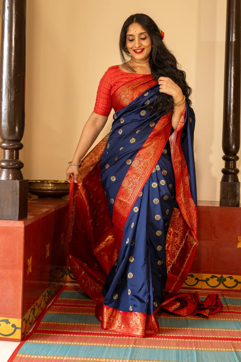 Stylist Red and Blue Soft Silk Saree with Ethnic Blouse Piece