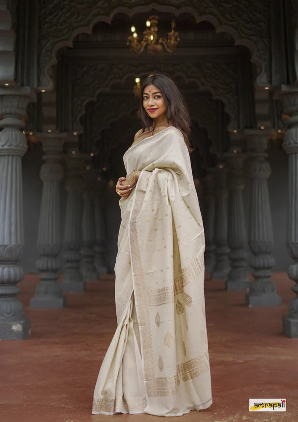 Elegant Banarasi Silk Saree with Gold Zari Embellishments Cream