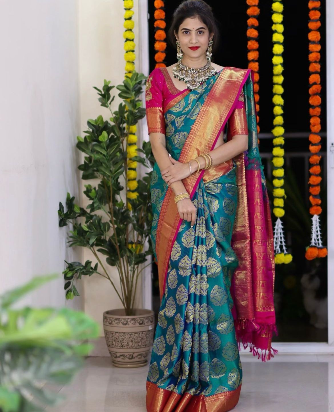 Traditional Rama Soft Silk Saree With Angelic Blouse Piece