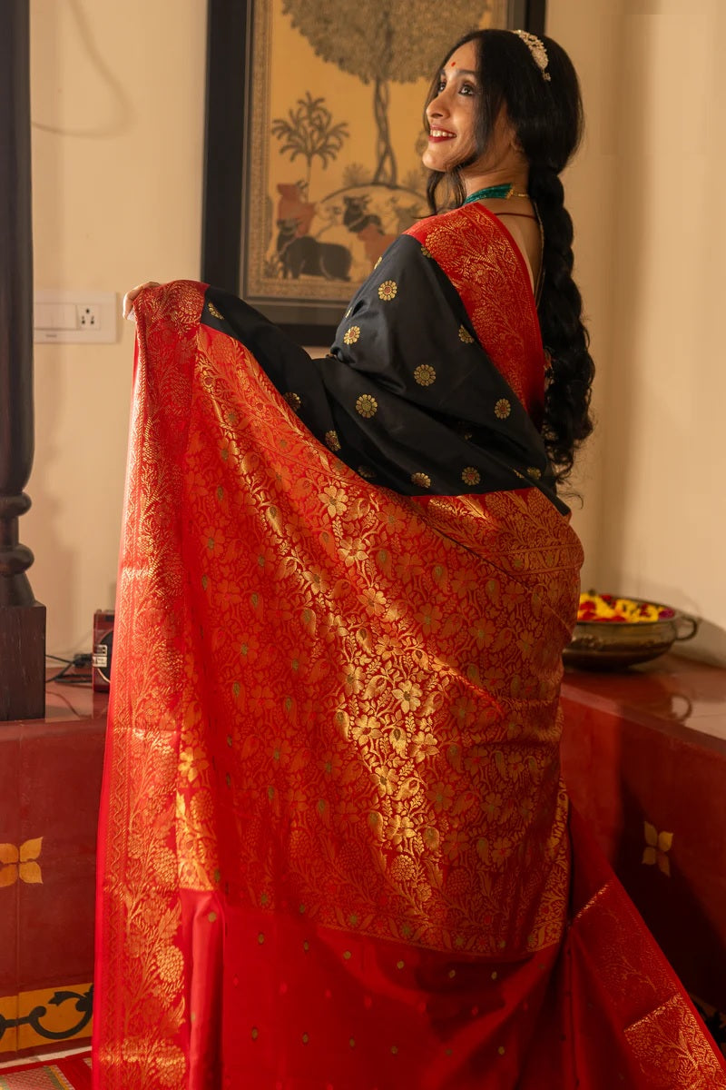 Stylist Red and Black Soft Silk Saree with Ethnic Blouse Piece
