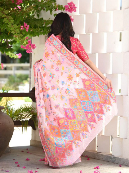 Printed Banarasi Silk Saree with Heavy Zari Brocade Pink Saree