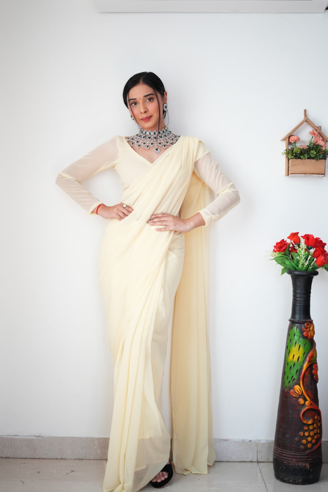 Gorgeous 1 Minute Ready to Wear White Cream Georgette Saree