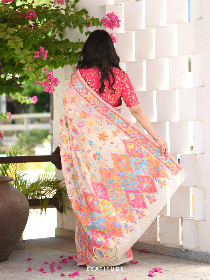 Printed Banarasi Silk Saree with Heavy Zari Brocade White