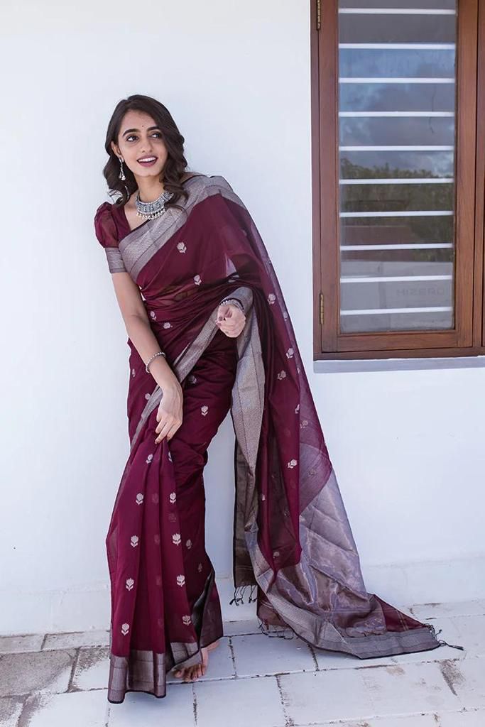 Artisanal Wine Lichi Silk Saree with Blouse Peace