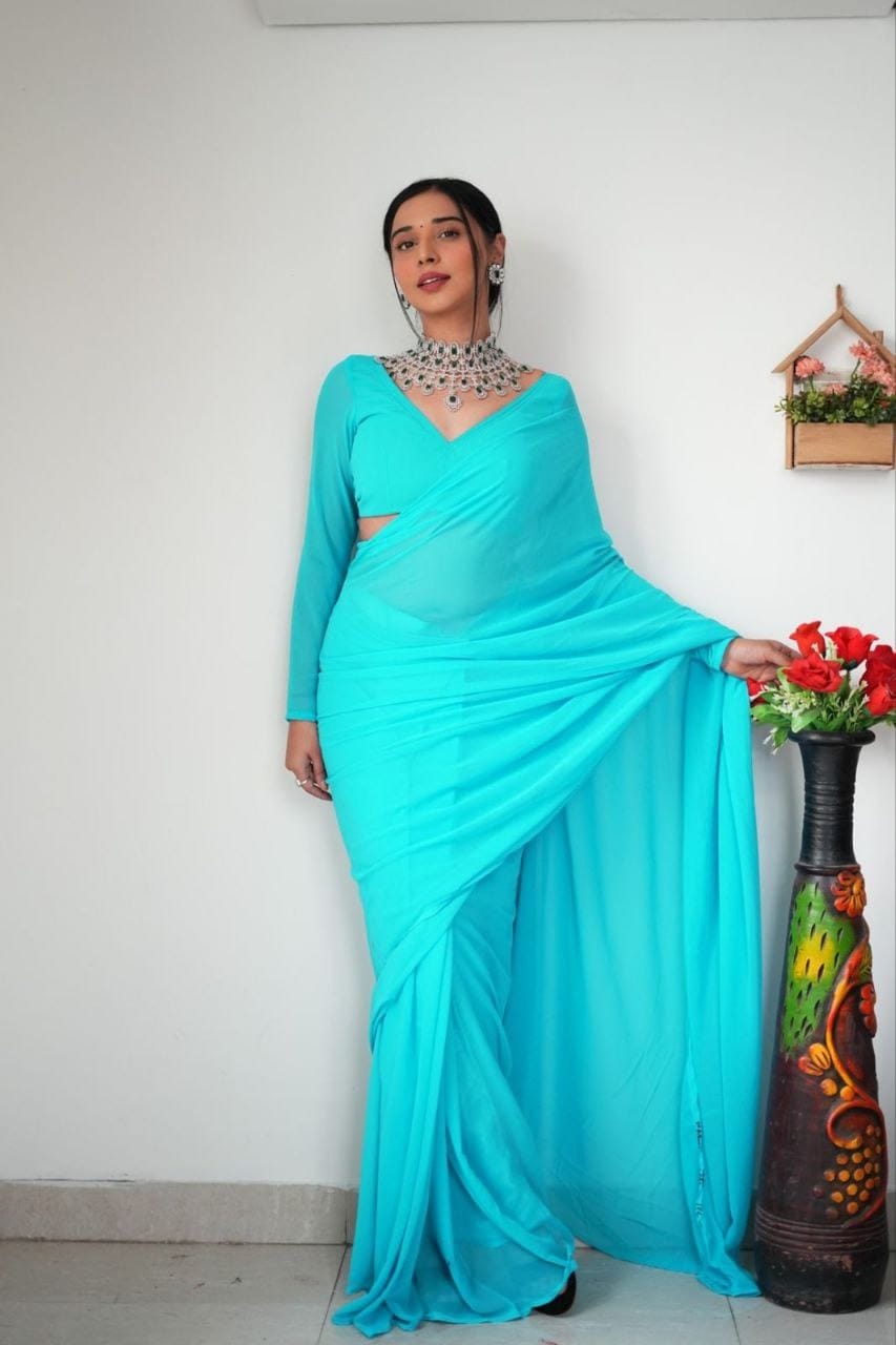 Gorgeous 1 Minute Ready to Wear Blue Georgette Saree