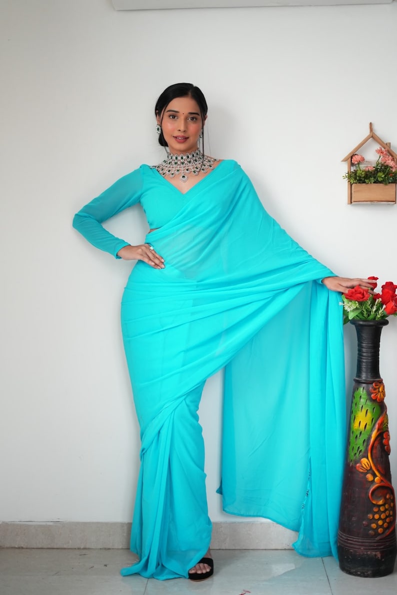 Gorgeous 1 Minute Ready to Wear Blue Georgette Saree