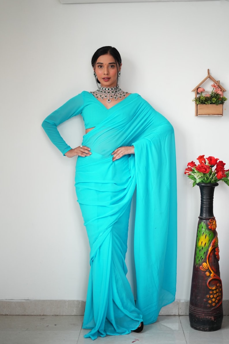 Gorgeous 1 Minute Ready to Wear Blue Georgette Saree