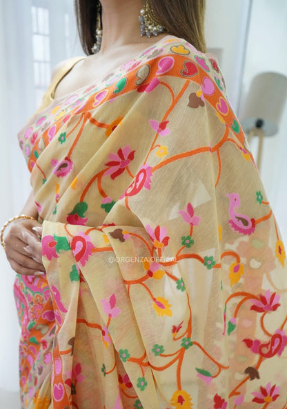 Banarasi Silk Saree Printed– Rich Fabric, Royal Look Light Yellow