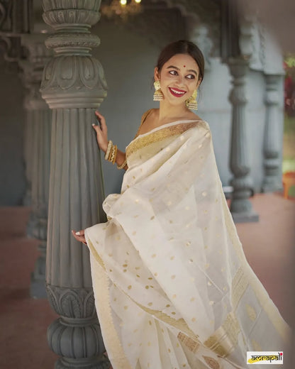 Elegant Banarasi Silk Saree with Gold Zari Embellishments White