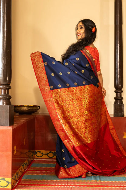 Stylist Red and Blue Soft Silk Saree with Ethnic Blouse Piece