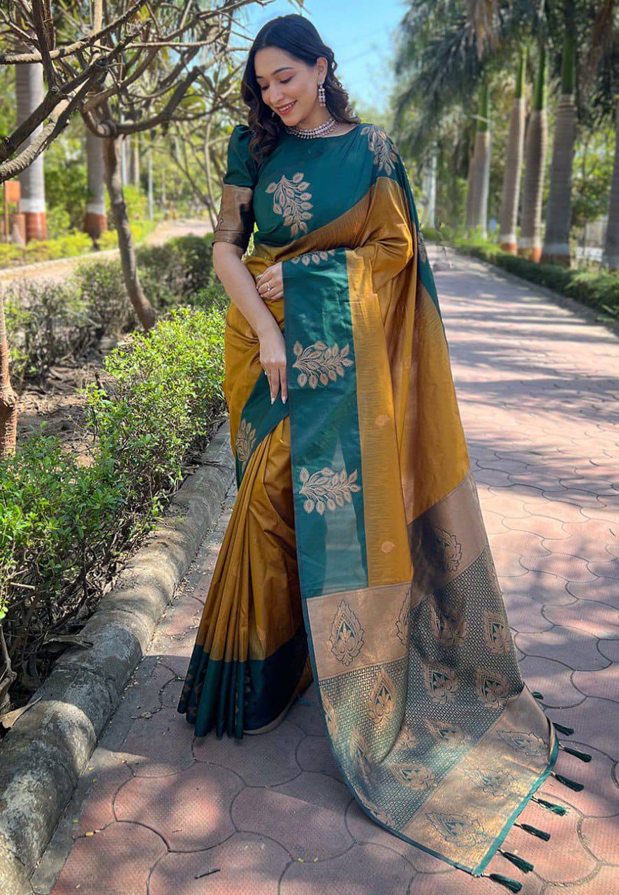 Stunning Mustard Yellow Lichi Silk Saree with Blouse Peace