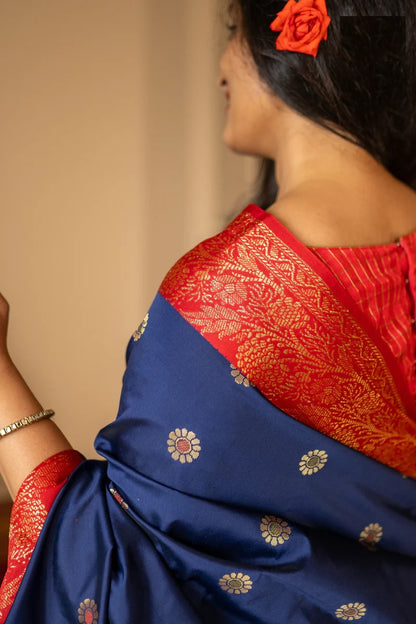 Stylist Red and Blue Soft Silk Saree with Ethnic Blouse Piece