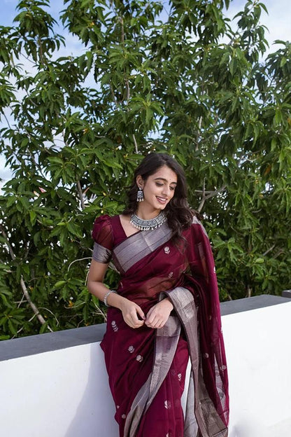Artisanal Wine Lichi Silk Saree with Blouse Peace