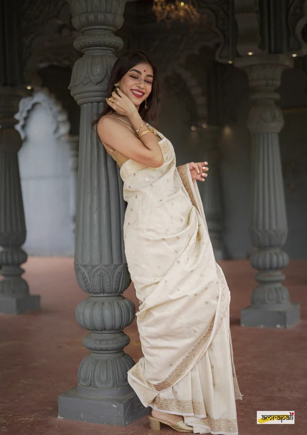 Elegant Banarasi Silk Saree with Gold Zari Embellishments Cream
