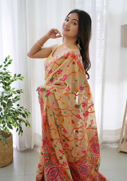 Classy Beige Pashmina saree With Gleaming Blouse Piece