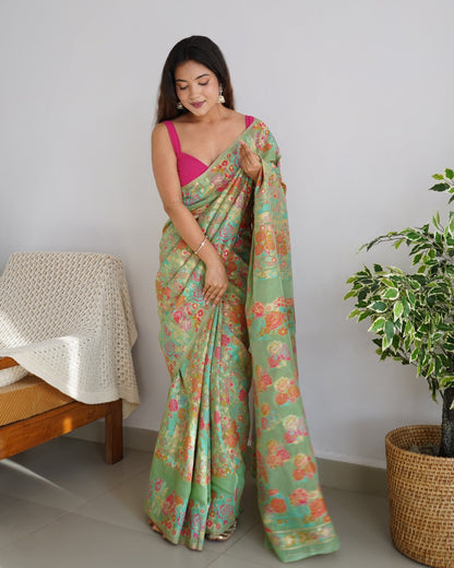 Charming Pista Pashmina saree With Breathtaking Blouse Piece