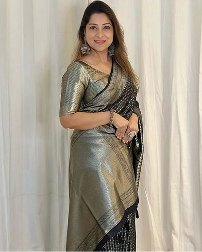 Flamboyant Black Soft Silk Saree With Super classy Blouse Piece