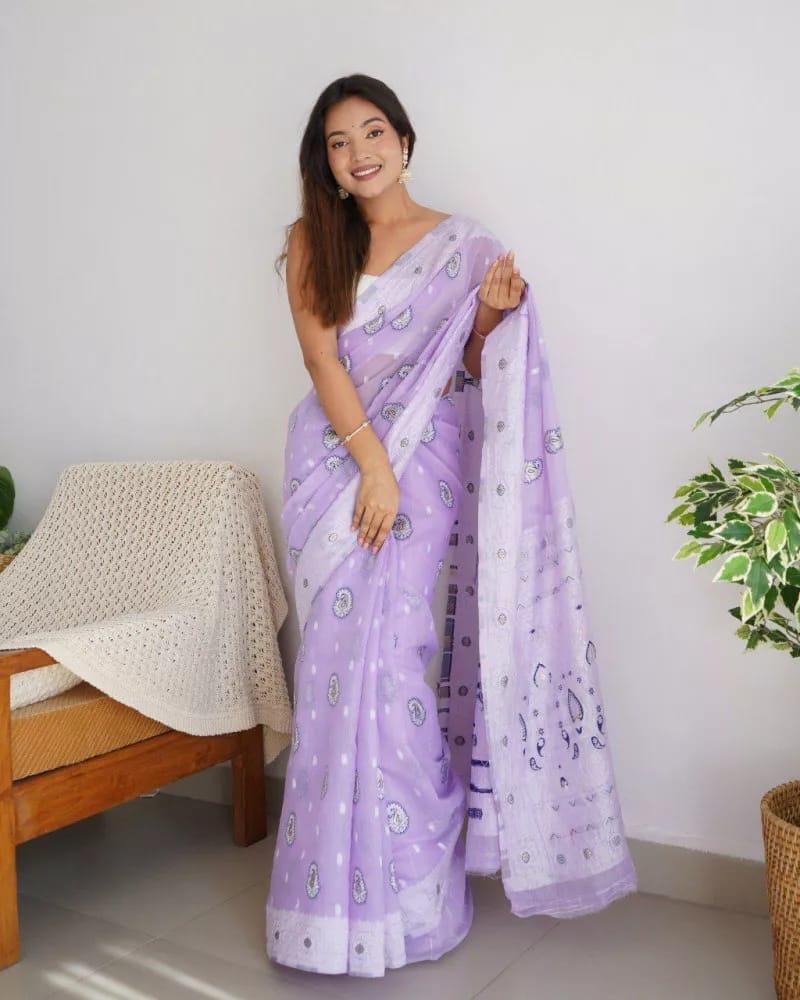 Bucolic Lavender Cotton Silk Saree With Effervescent Blouse Piece