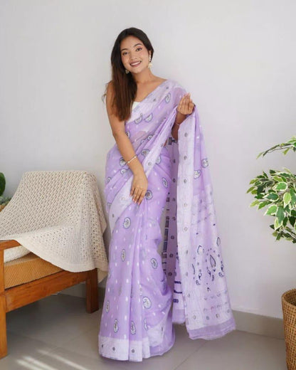 Bucolic Lavender Cotton Silk Saree With Effervescent Blouse Piece