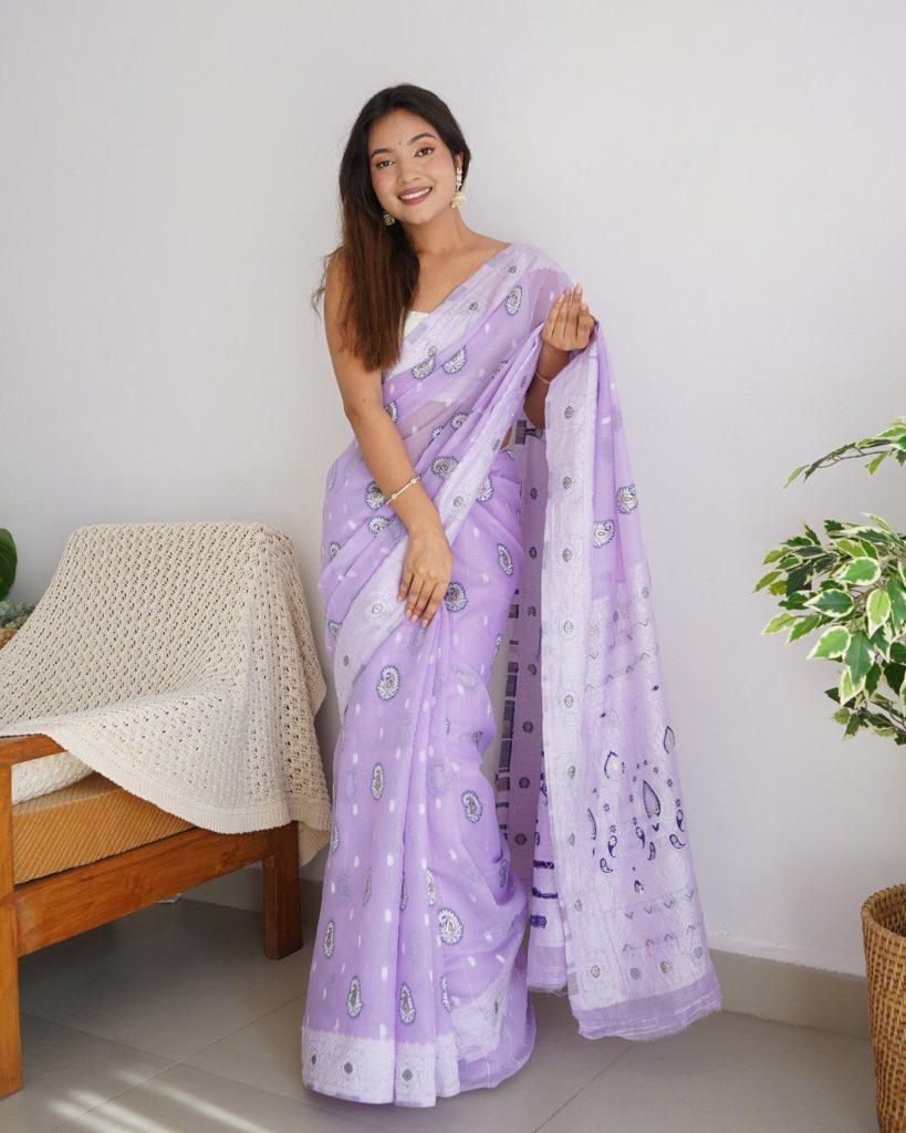 Bucolic Lavender Cotton Silk Saree With Effervescent Blouse Piece