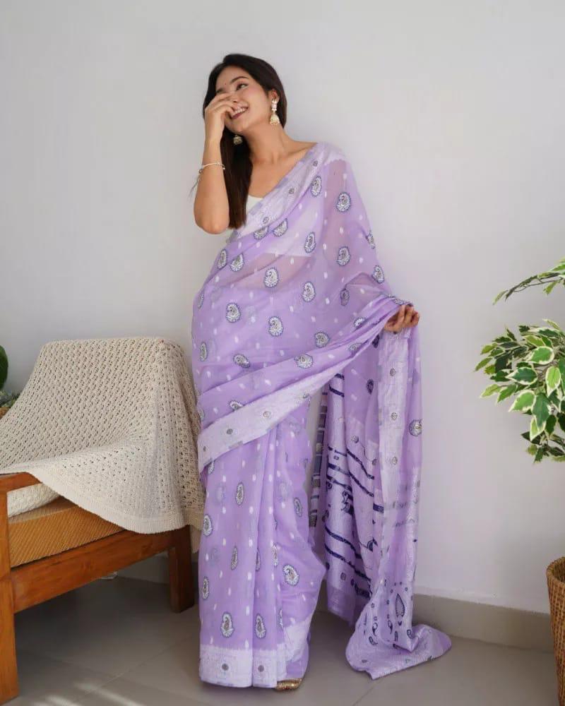 Bucolic Lavender Cotton Silk Saree With Effervescent Blouse Piece