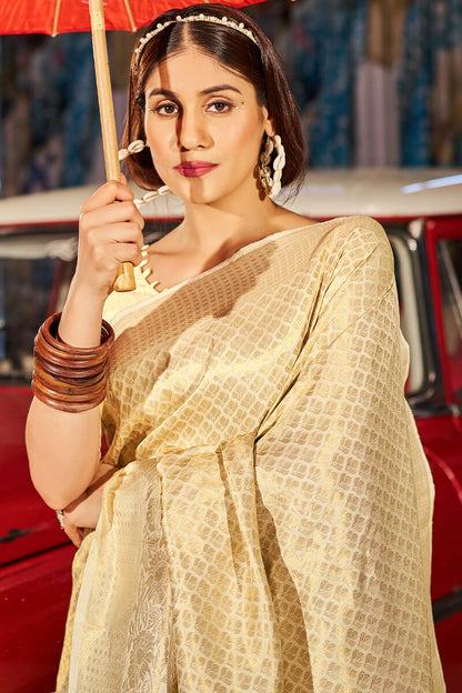 Marvellous Beige Kanjivaram Silk Saree With Adorning Blouse Piece
