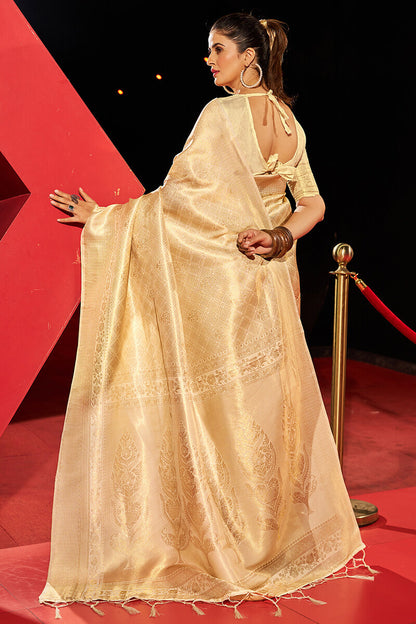 Sempiternal Beige Kanjivaram Silk Saree With Imbrication Blouse Piece