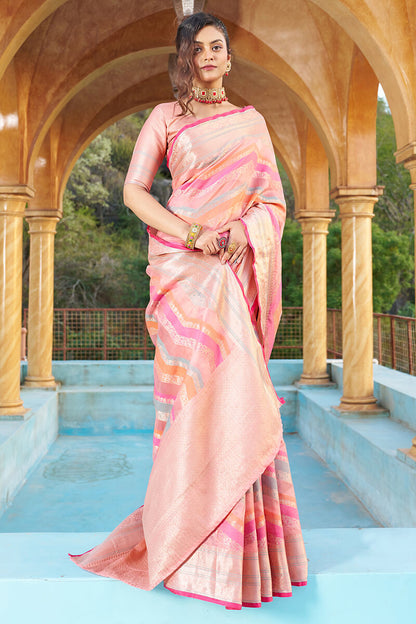 Mesmerising Pink Organza Silk Saree With Delightful Blouse Piece