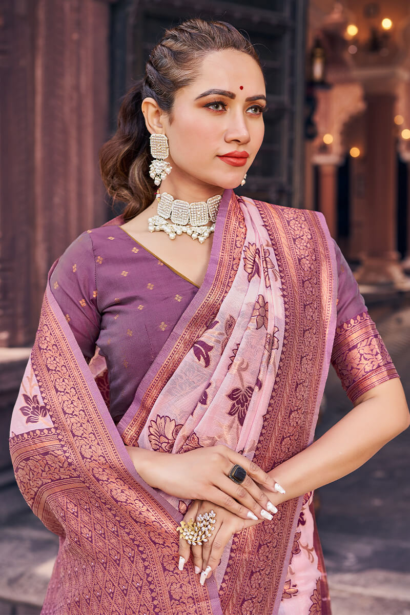 Demesne Lavender Organza Silk Saree With Lassitude Blouse Piece